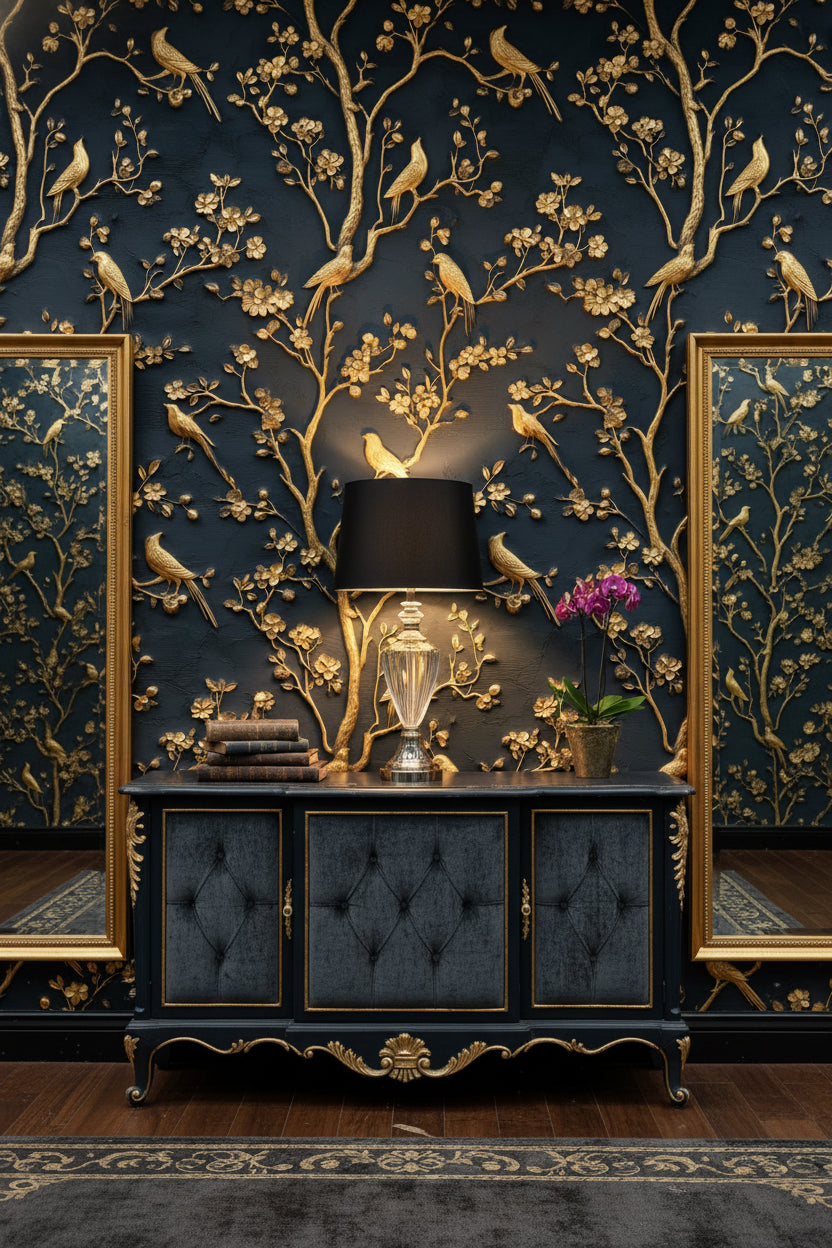 Golden Birds Wallpaper Classic Elegant Wall Mural