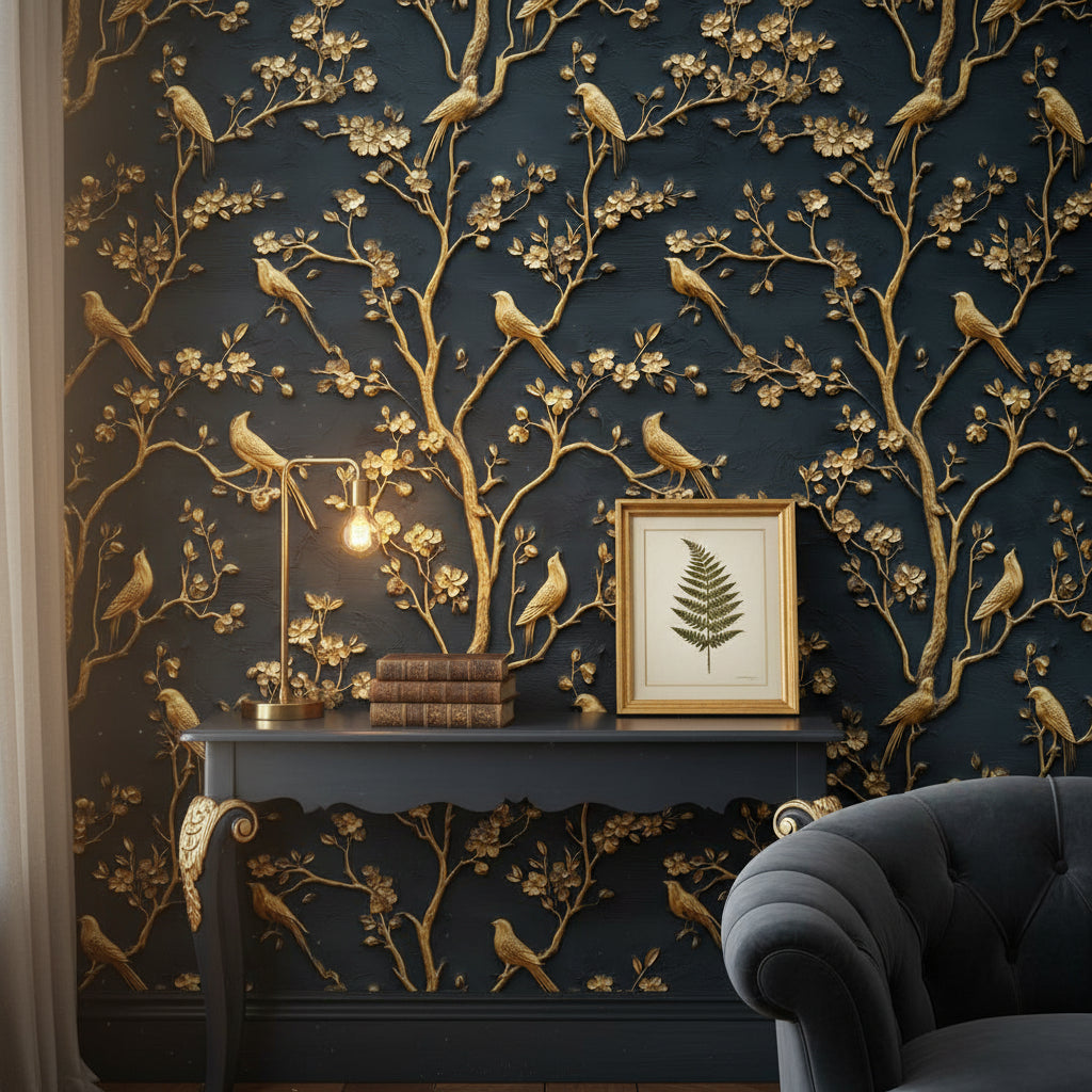 Golden Birds Wallpaper Classic Elegant Wall Mural