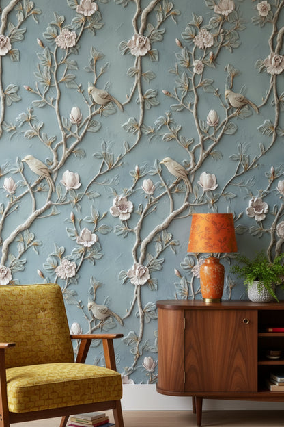 Serene Blue Magnolia and Bird Wallpaper