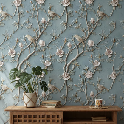Serene Blue Magnolia and Bird Wallpaper