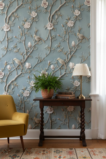 Serene Blue Magnolia and Bird Wallpaper
