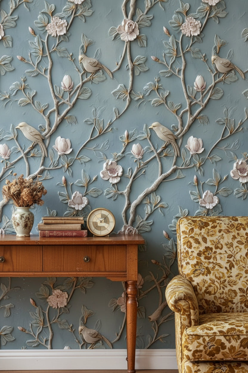 Serene Blue Magnolia and Bird Wallpaper