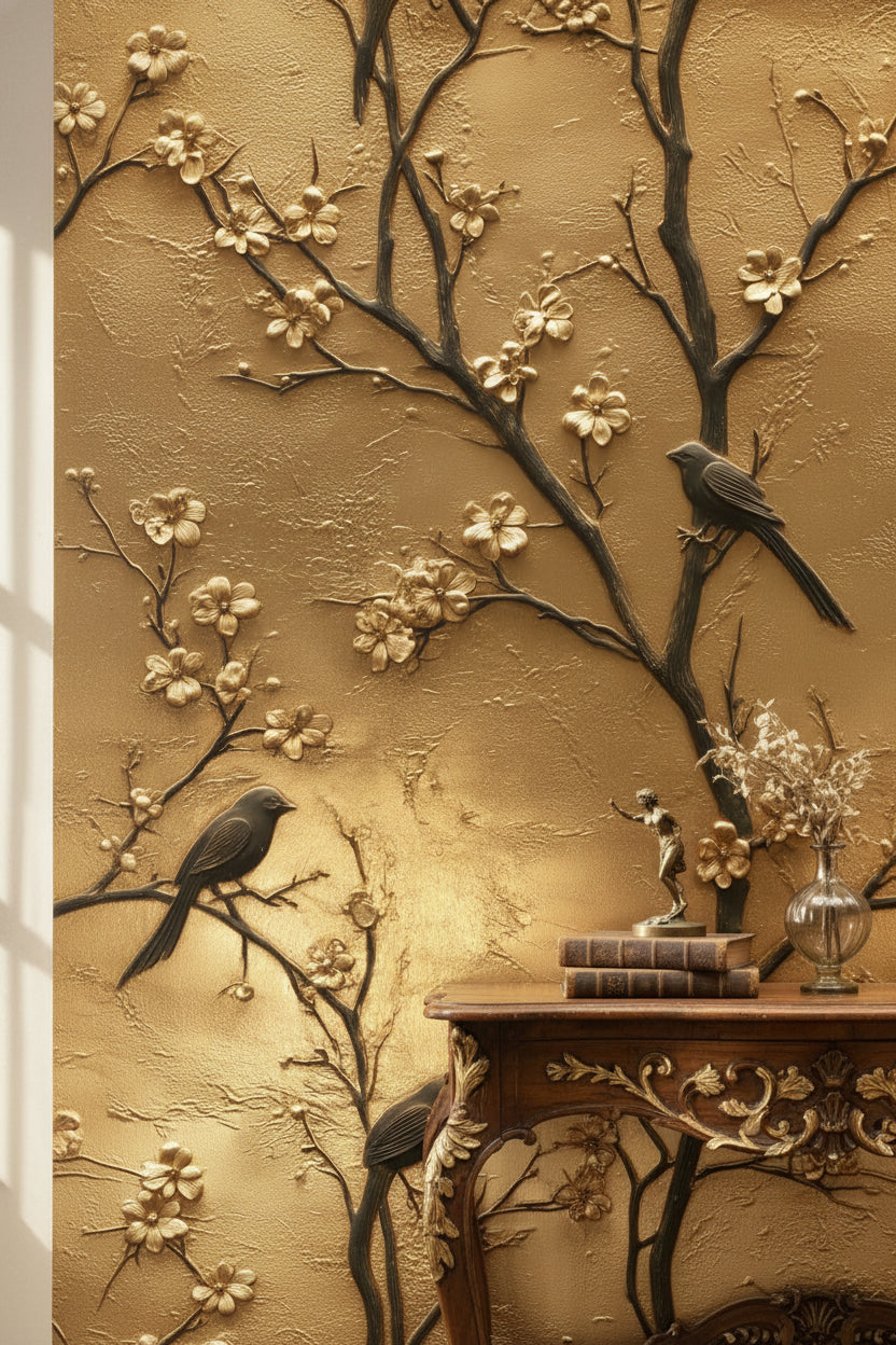 Floral Wallpaper Birds Gold Wall Mural
