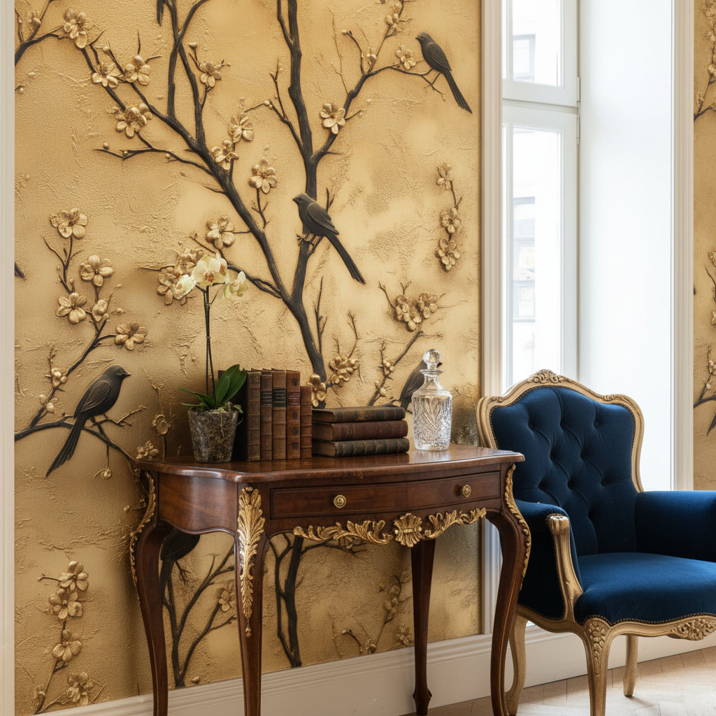 Floral Wallpaper Birds Gold Wall Mural