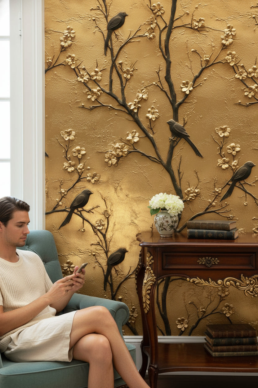 Floral Wallpaper Birds Gold Wall Mural