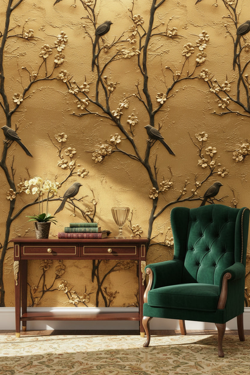 Floral Wallpaper Birds Gold Wall Mural