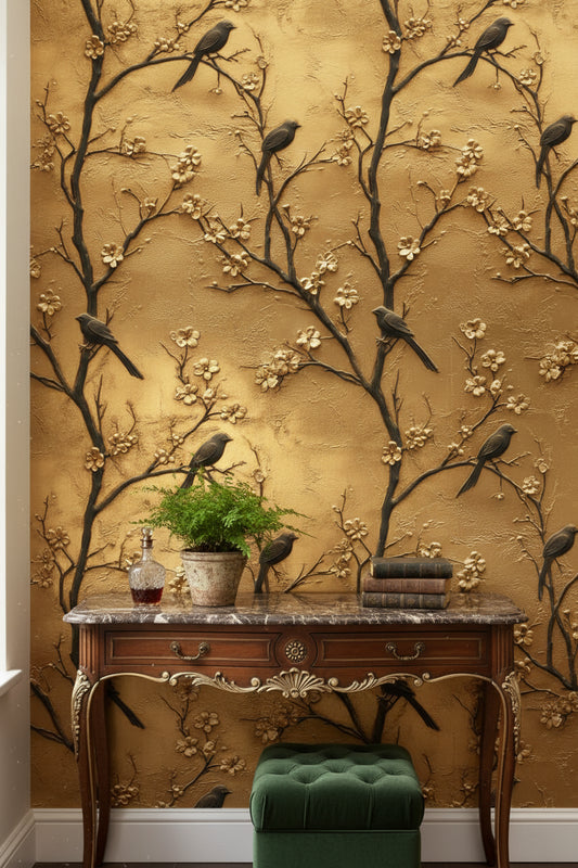 Floral Wallpaper Birds Gold Wall Mural
