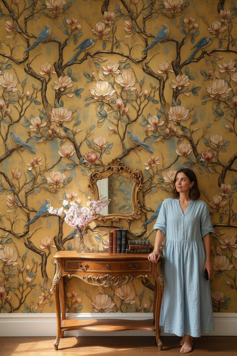 Floral Wallpaper Birds Magnolia Decorative Mural