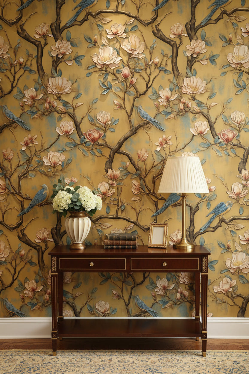 Floral Wallpaper Birds Magnolia Decorative Mural