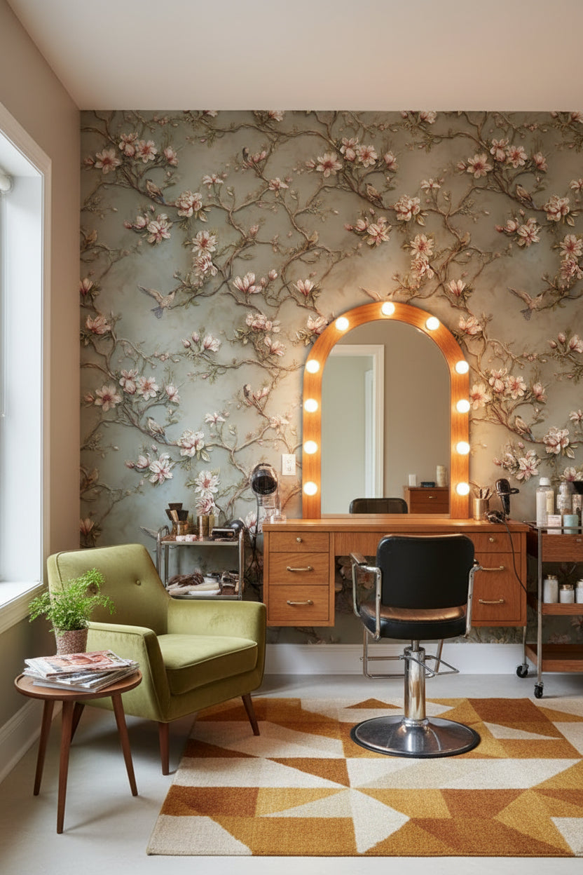 Gray and Pink Magnolia Bird Wallpaper