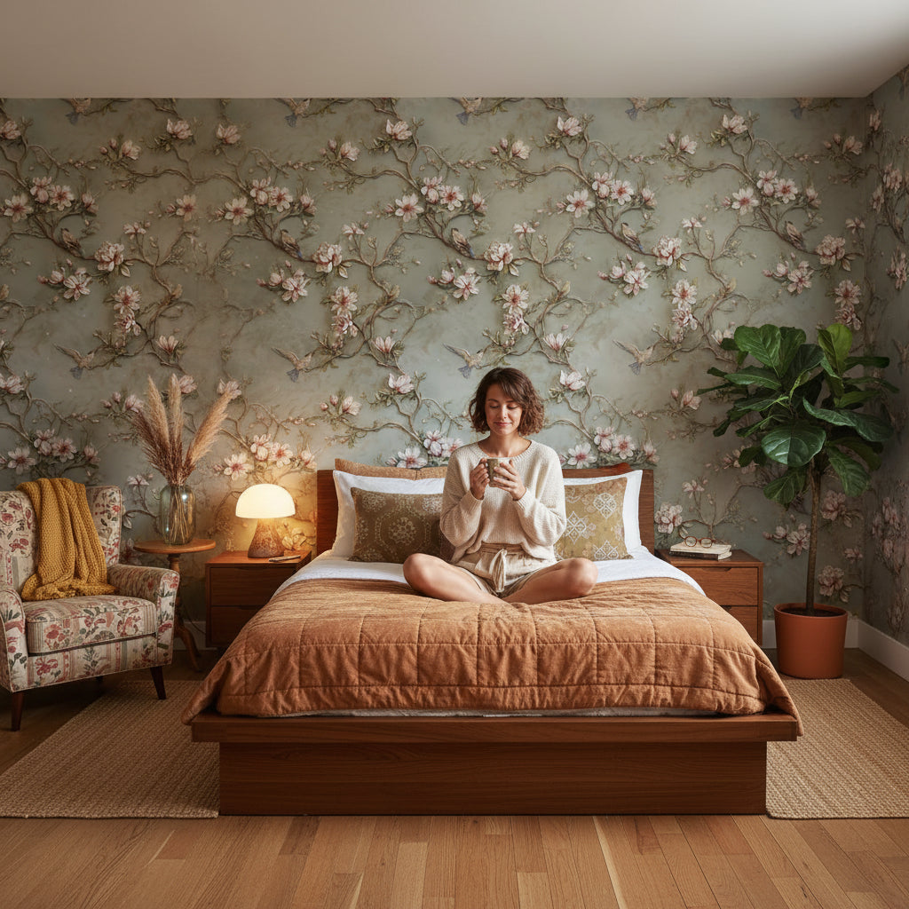 Floral Wallpaper Magnolia Birds Removable Wall Decor