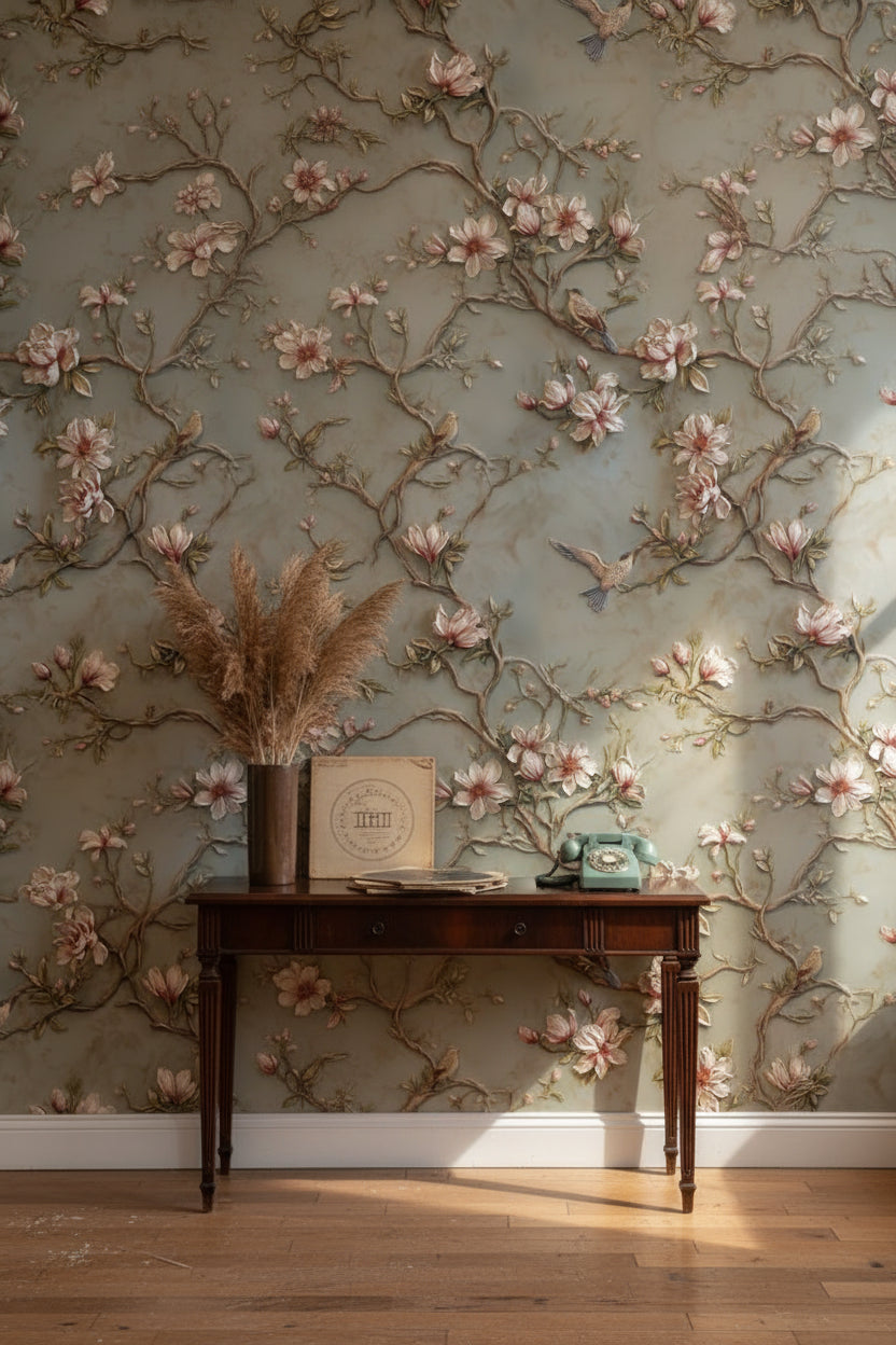 Floral Wallpaper Magnolia Birds Removable Wall Decor