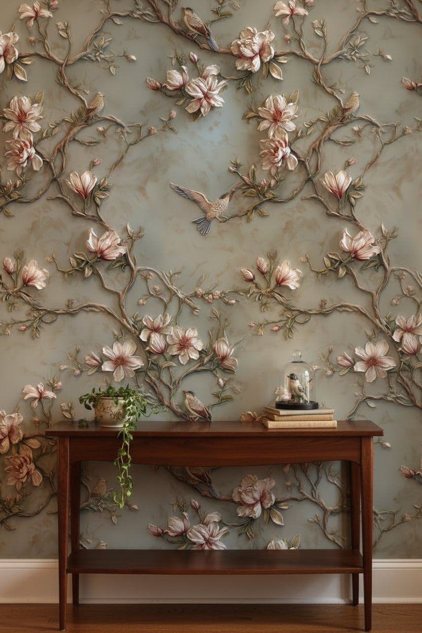 Gray and Pink Magnolia Bird Wallpaper