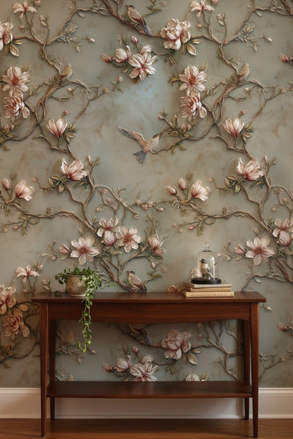Gray and Pink Magnolia Bird Wallpaper