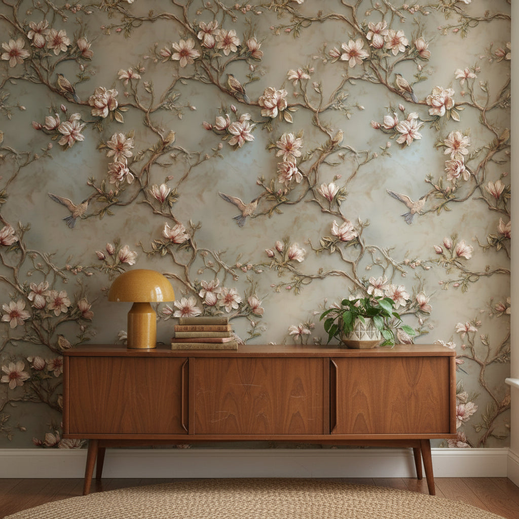 Floral Wallpaper Magnolia Birds Removable Wall Decor