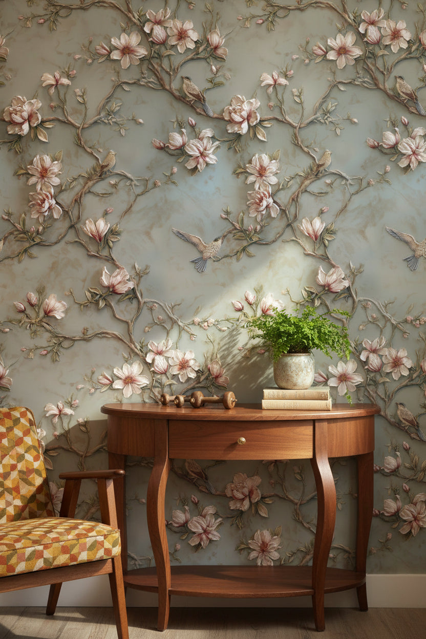 Floral Wallpaper Magnolia Birds Removable Wall Decor