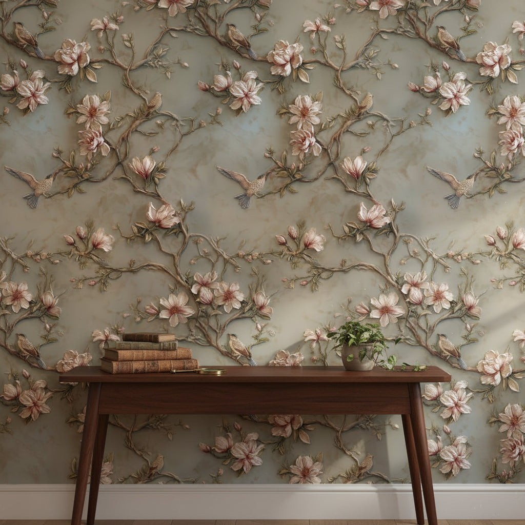 Floral Wallpaper Magnolia Birds Removable Wall Decor