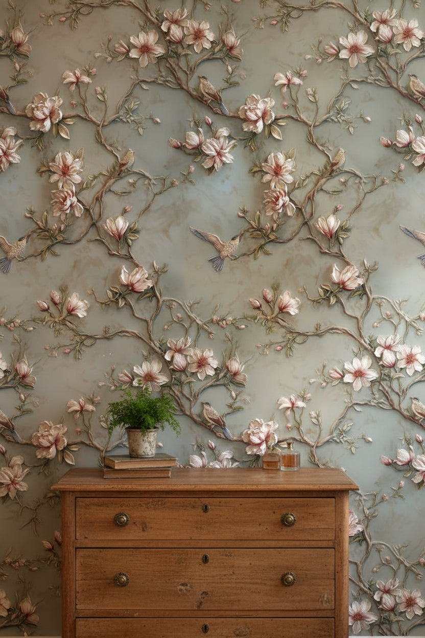 Gray and Pink Magnolia Bird Wallpaper