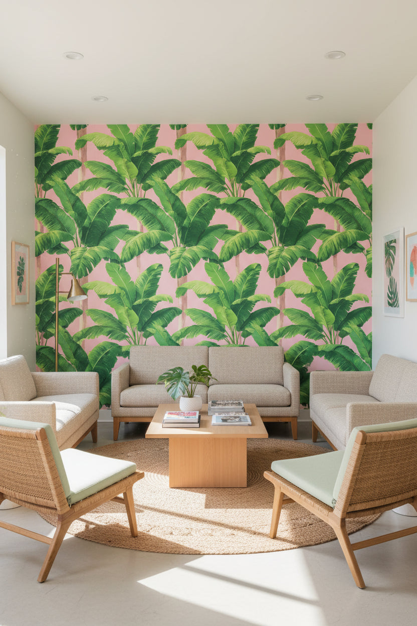 Tropical Wallpaper Banana Leaves Removable Pink Wall Double Roll