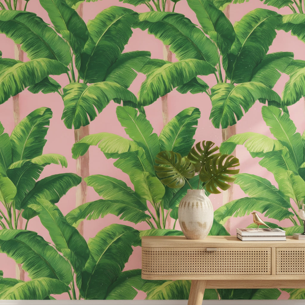 Tropical Wallpaper Banana Leaves Removable Pink Wall Double Roll