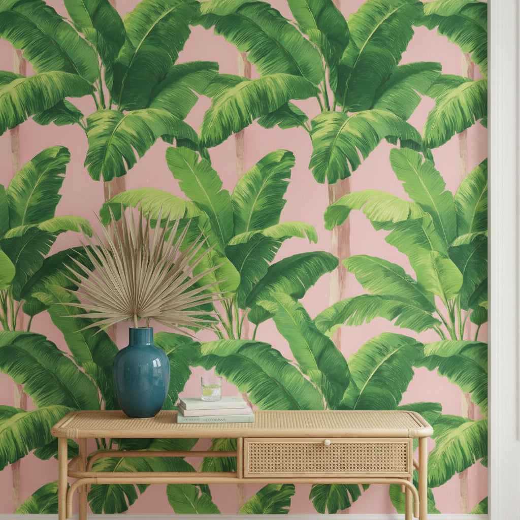Tropical Wallpaper Banana Leaves Removable Pink Wall Double Roll
