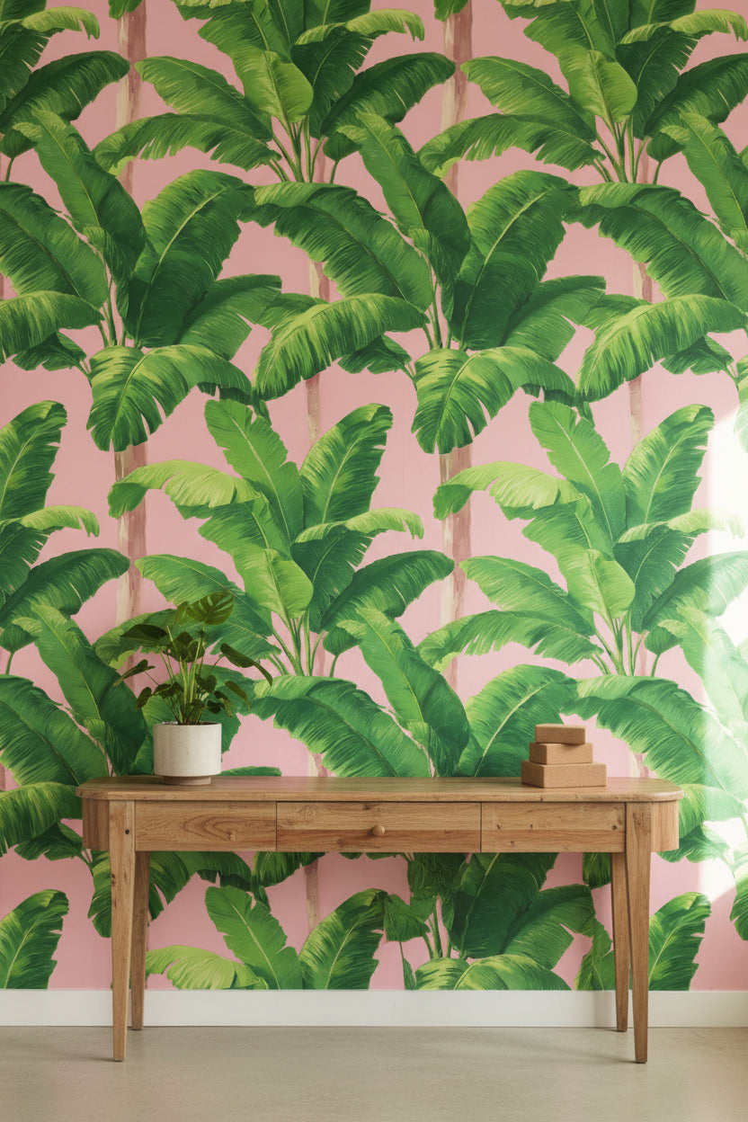 Tropical Wallpaper Banana Leaves Removable Pink Wall Double Roll