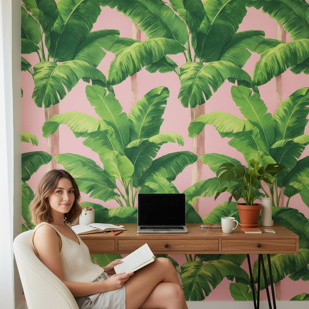 Tropical Wallpaper Banana Leaves Removable Pink Wall Double Roll