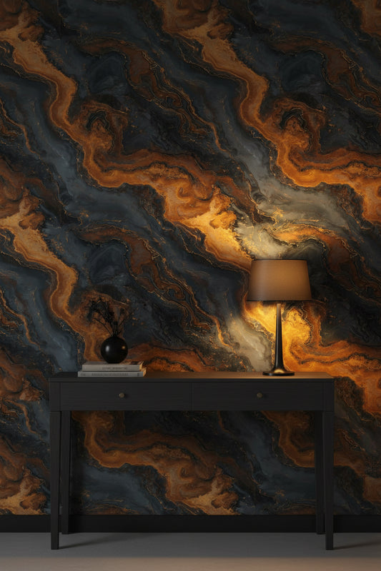 Molten Gold and Charcoal Abstract Marble Wallpaper