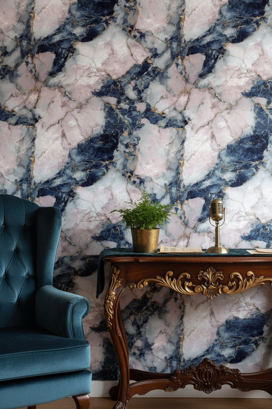 Navy Blue and Blush Pink Marble Wallpaper