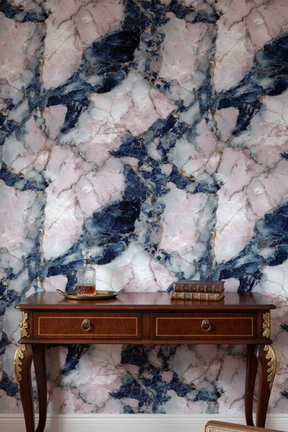 Navy Blue and Blush Pink Marble Wallpaper