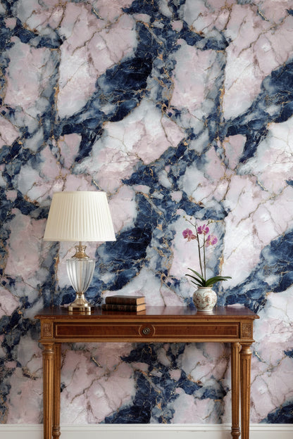 Navy Blue and Blush Pink Marble Wallpaper