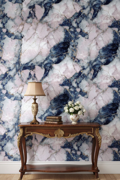 Navy Blue and Blush Pink Marble Wallpaper