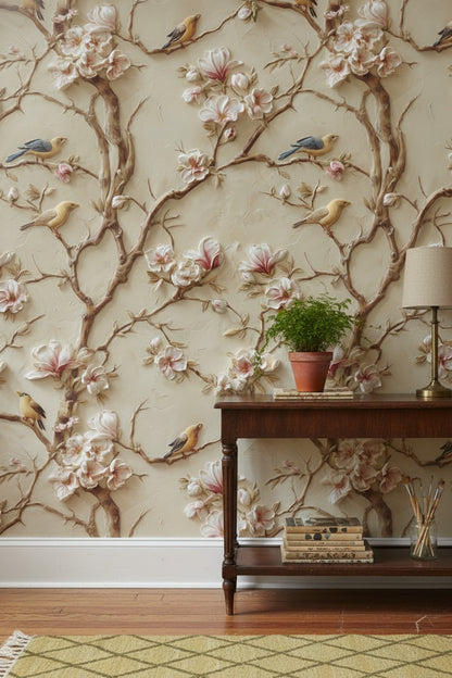 Beige Magnolia Blossom and Bird Wallpaper