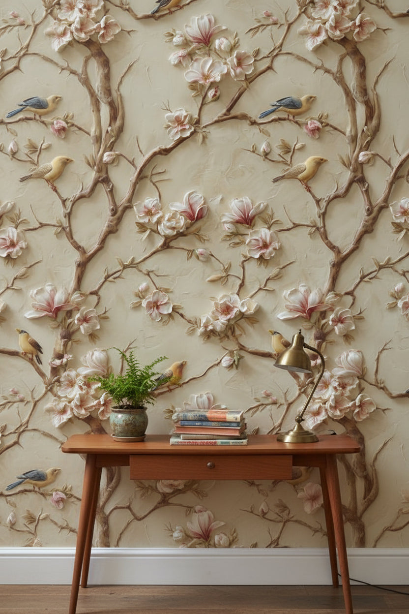Beige Magnolia Blossom and Bird Wallpaper
