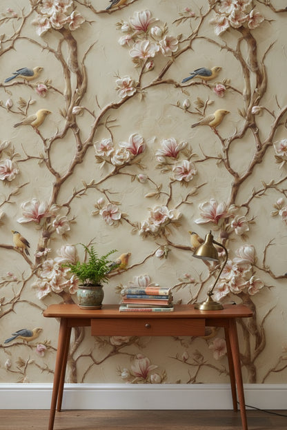 Beige Magnolia Blossom and Bird Wallpaper
