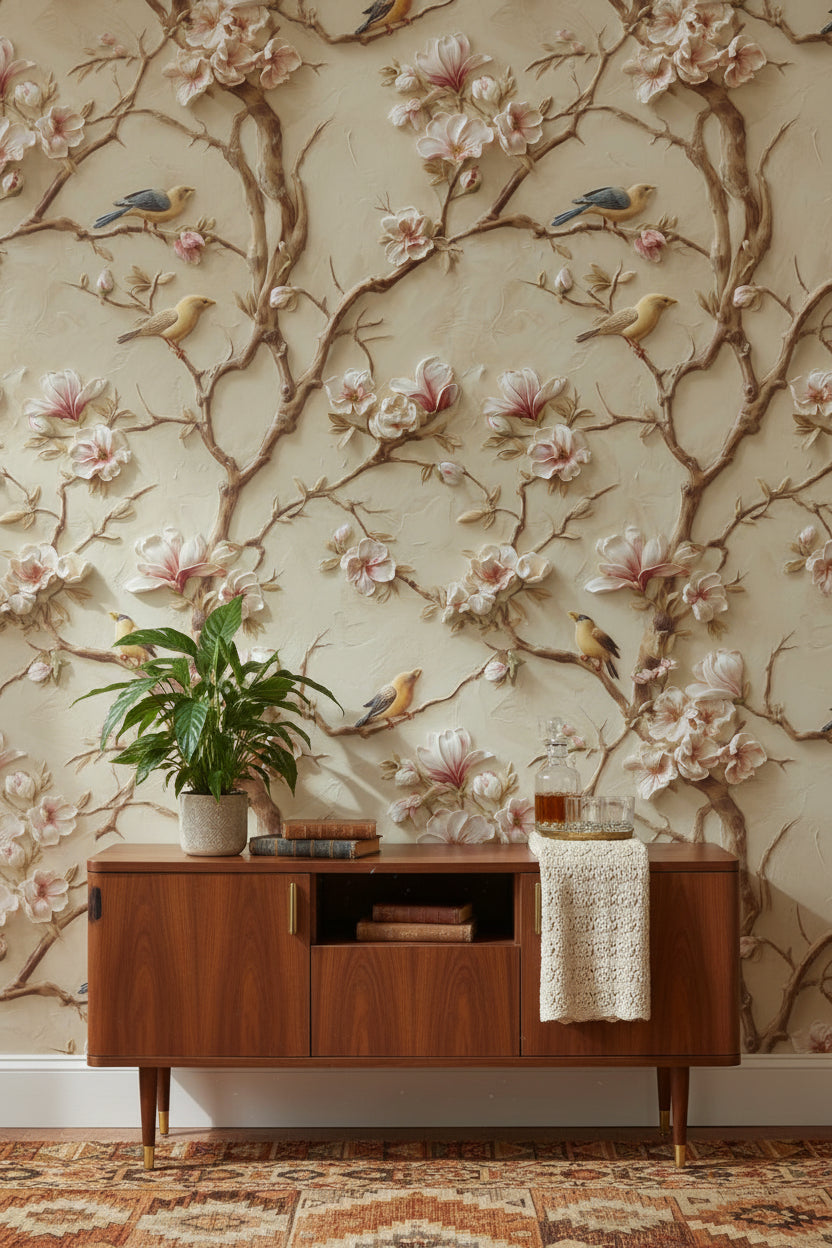 Beige Magnolia Blossom and Bird Wallpaper