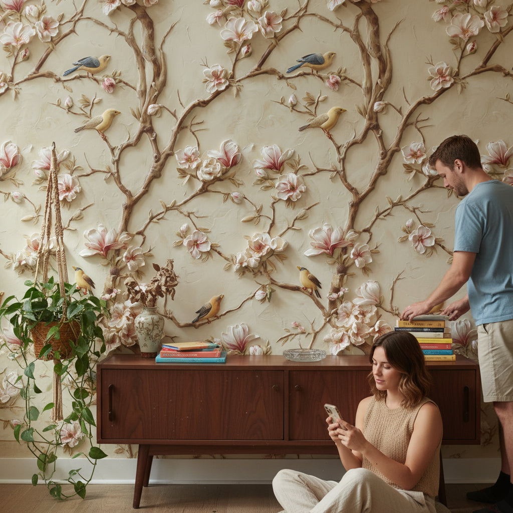 Beige Magnolia Blossom and Bird Wallpaper