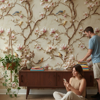 Beige Magnolia Blossom and Bird Wallpaper