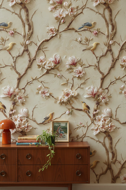 Beige Magnolia Blossom and Bird Wallpaper
