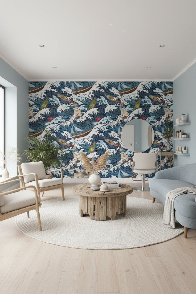 Nautical Waves and Boats Pattern Wallpaper