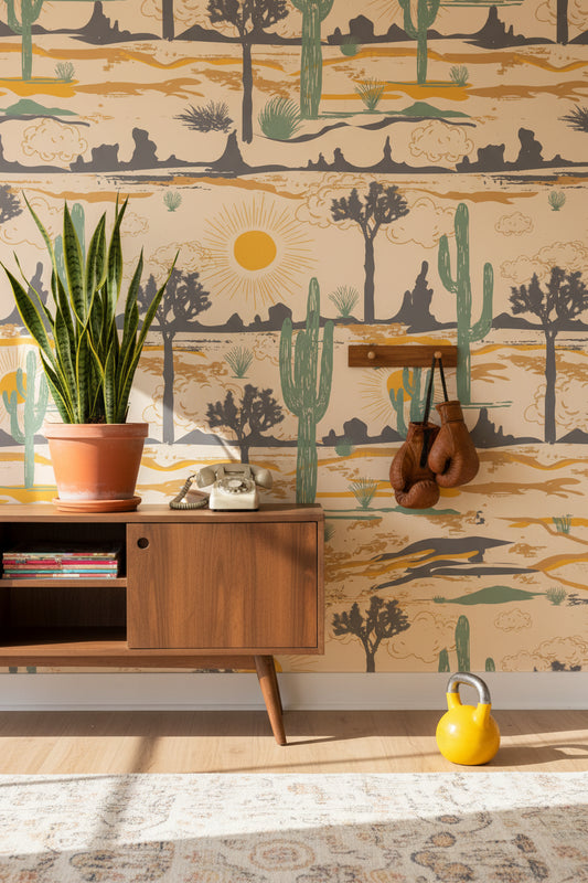 Beige Retro Desert Landscape Wallpaper