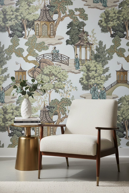 White and Green Chinoiserie Landscape Wallpaper