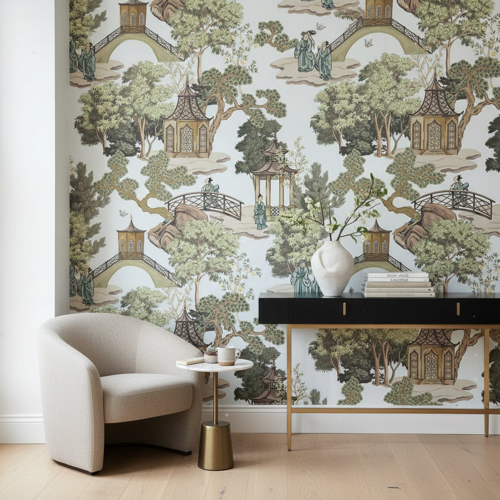 White and Green Chinoiserie Landscape Wallpaper