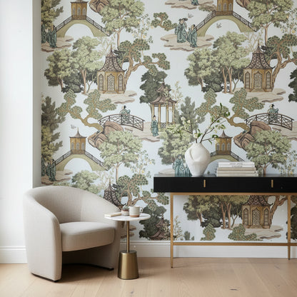 White and Green Chinoiserie Landscape Wallpaper