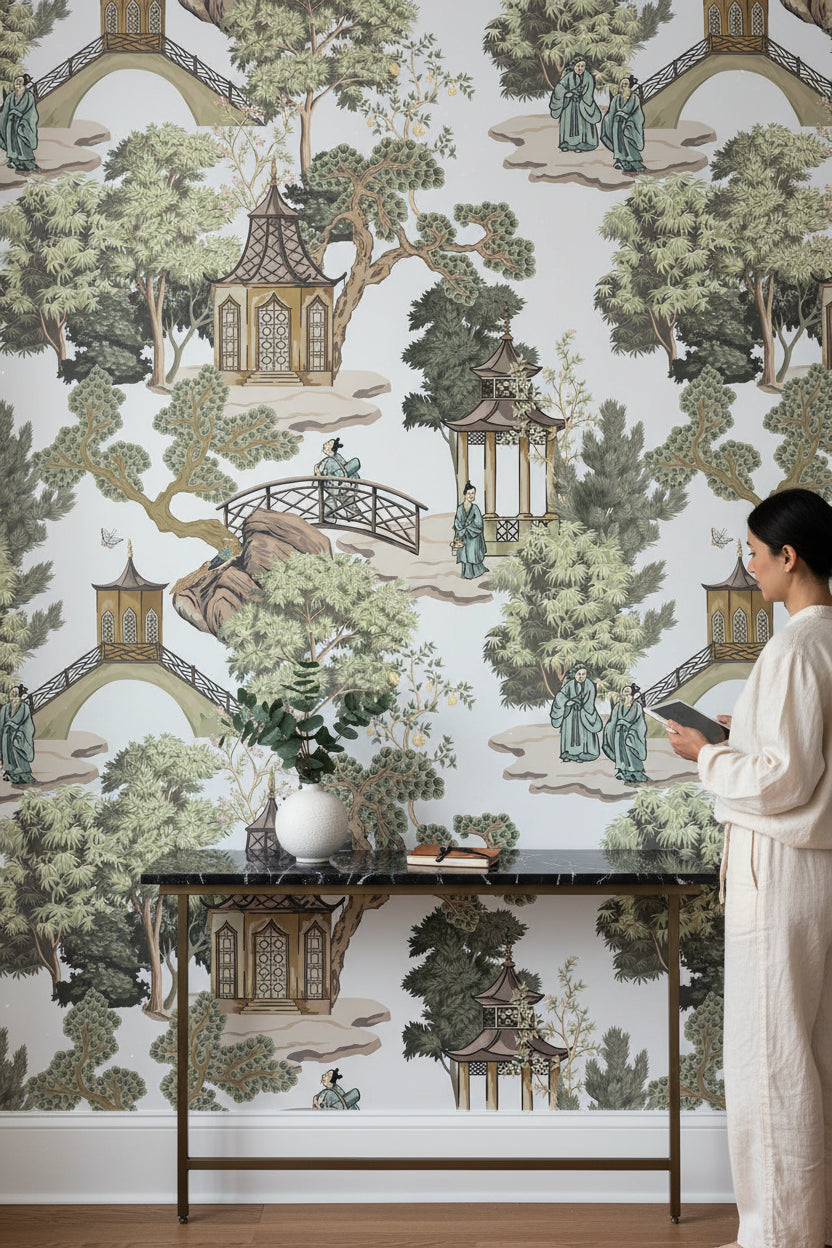 White and Green Chinoiserie Landscape Wallpaper