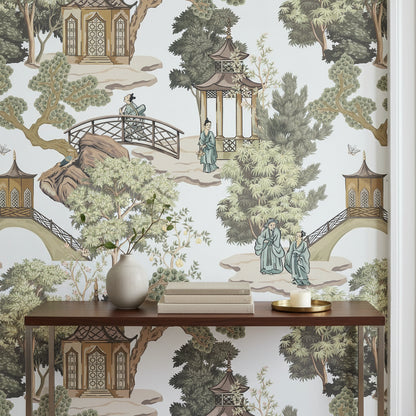 White and Green Chinoiserie Landscape Wallpaper