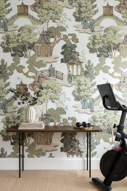 White and Green Chinoiserie Landscape Wallpaper