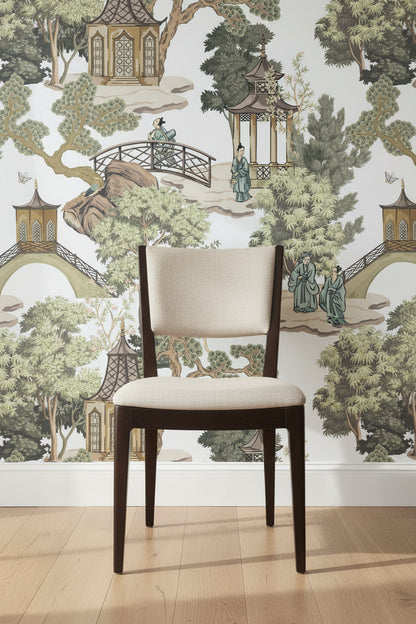 White and Green Chinoiserie Landscape Wallpaper