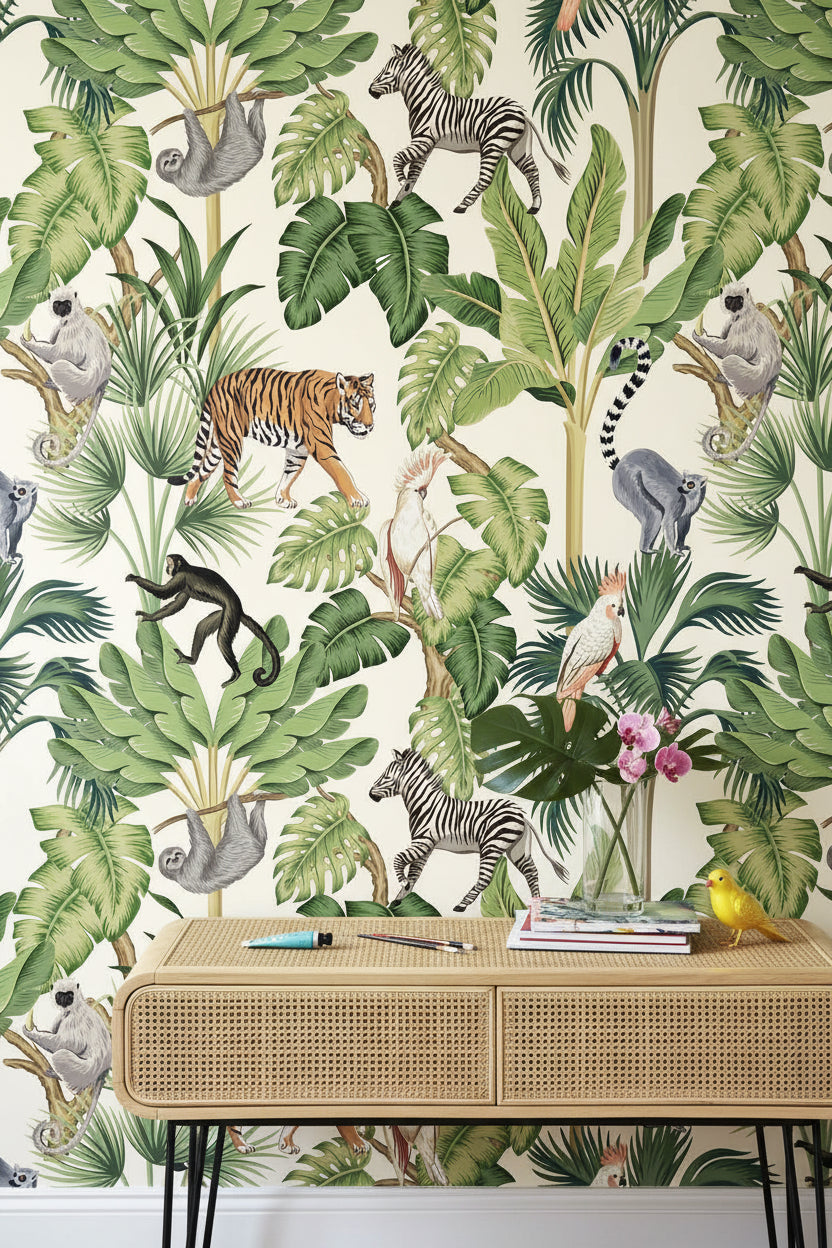 Cream Jungle Safari Animal Wallpaper