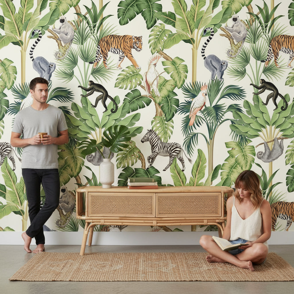 Cream Jungle Safari Animal Wallpaper
